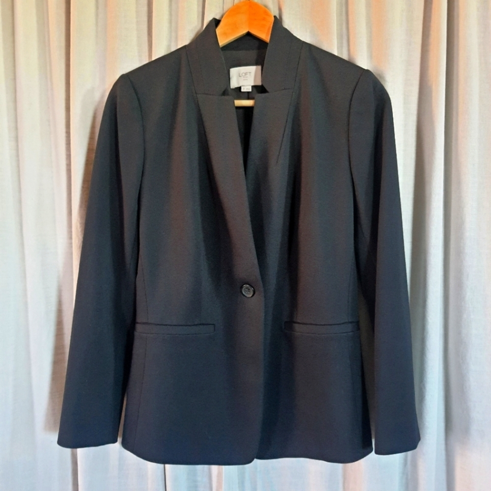 LOFT Elegant Single Button Blazer Womens 2p Black Stand-up Collar Business